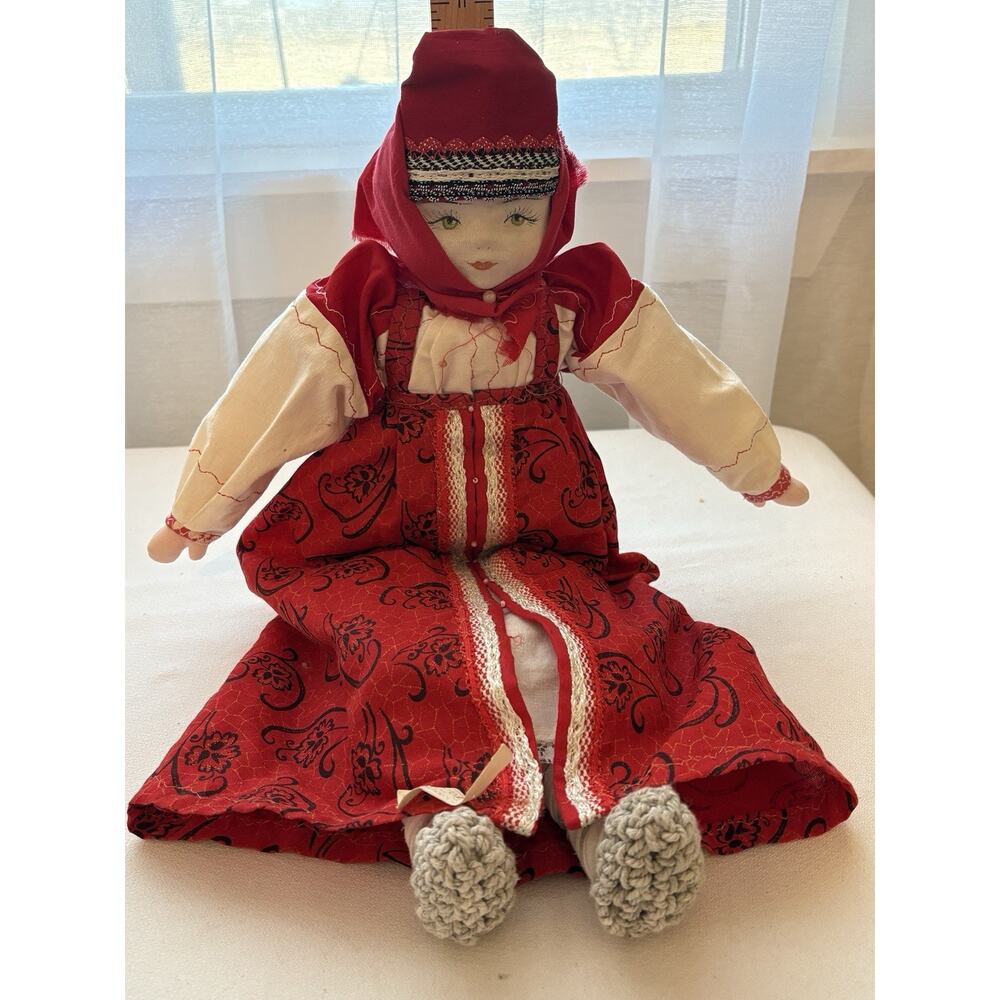 Antique RUSSIAN HUNGARY Stockingnet Handmade DOLL Folk Art Cloth Festive Tag